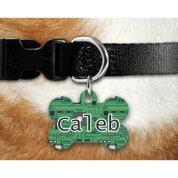 Circuit Board Bone Shaped Dog Tag on Collar & Dog
