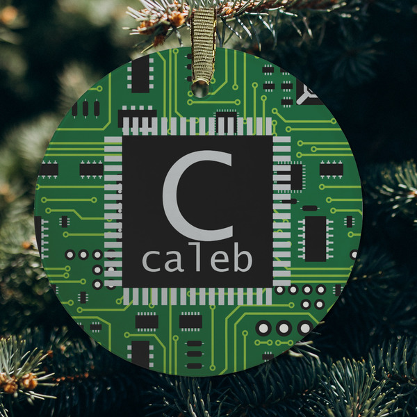 Circuit Board Frosted Glass Ornament - Round (Lifestyle)
