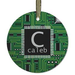 Circuit Board Flat Glass Ornament - Round w/ Name and Initial