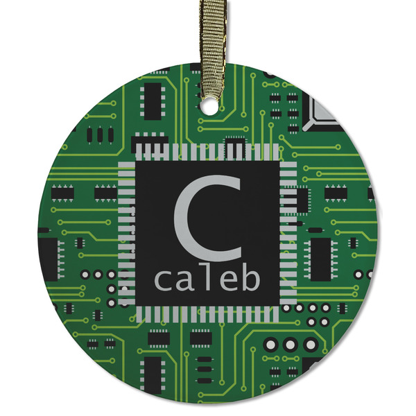 Custom Circuit Board Flat Glass Ornament - Round w/ Name and Initial