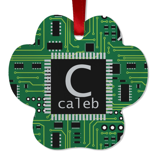Custom Circuit Board Metal Paw Ornament - Double Sided w/ Name and Initial
