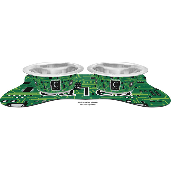 Circuit Board Metal Pet Bowls - On Dog Bone Shaped Mat