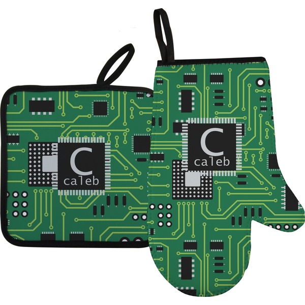 Custom Circuit Board Oven Mitt & Pot Holder Set w/ Name and Initial