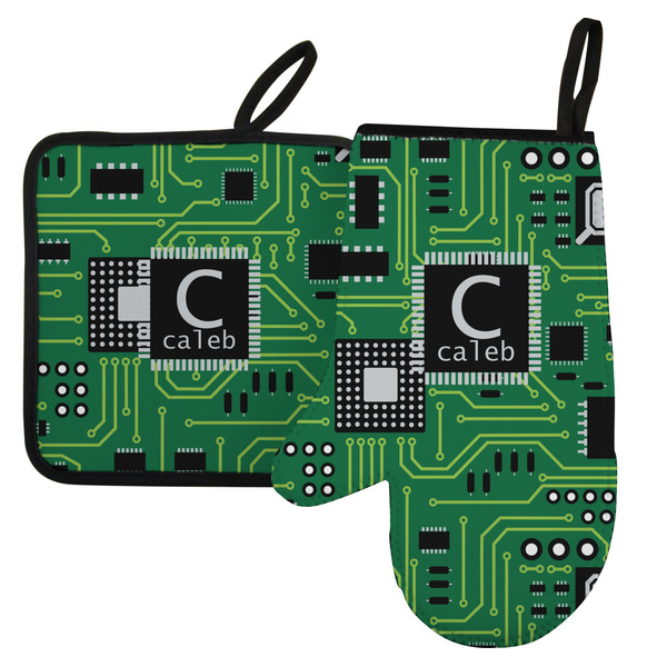 Custom Circuit Board Left Oven Mitt & Pot Holder Set w/ Name and Initial