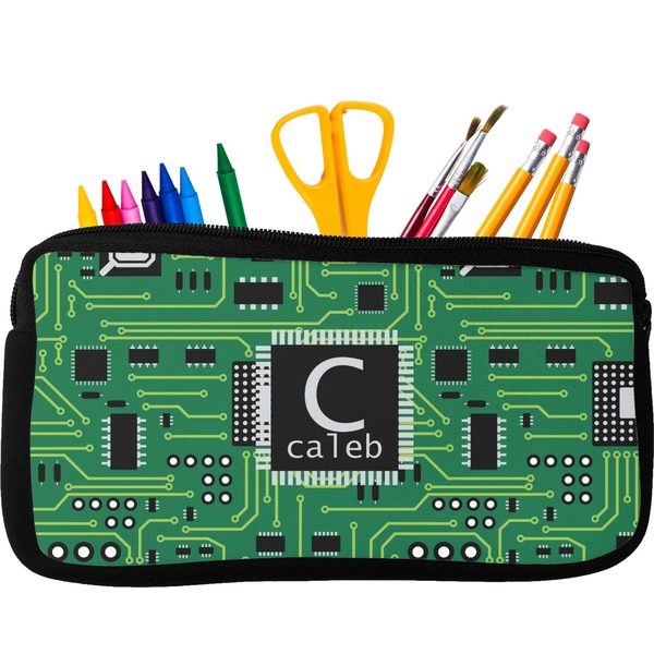 Custom Circuit Board Neoprene Pencil Case - Small w/ Name and Initial