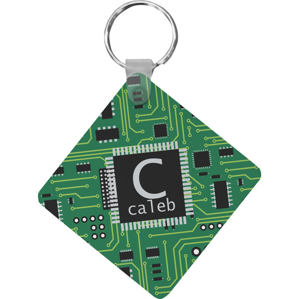 Custom Circuit Board Diamond Plastic Keychain w/ Name and Initial