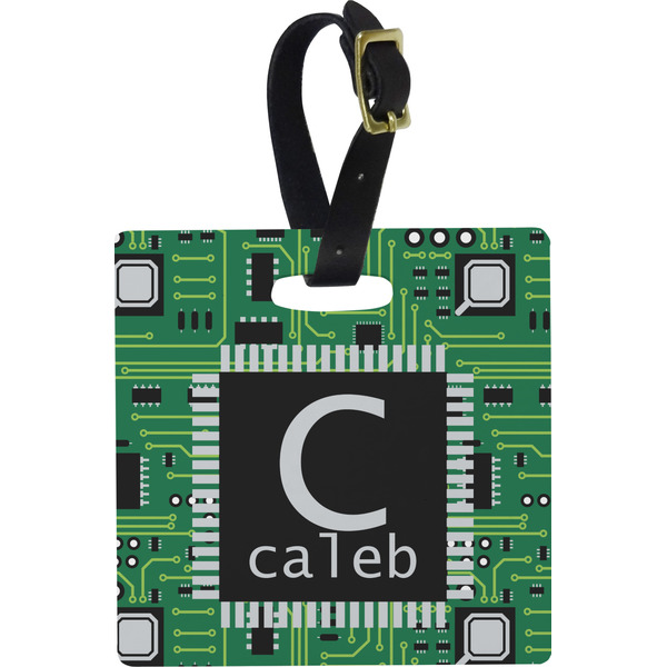 Custom Circuit Board Plastic Luggage Tag - Square w/ Name and Initial
