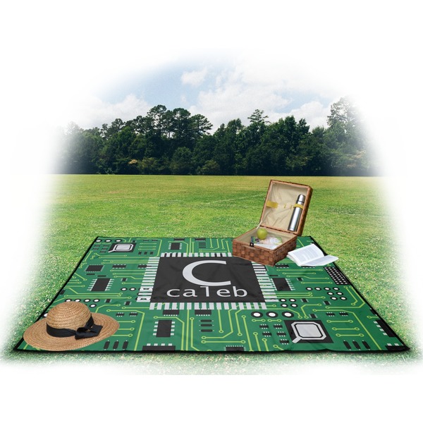 Circuit Board Picnic Blanket - with Basket Hat and Book - in Use