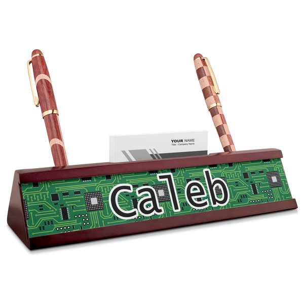 Custom Circuit Board Red Mahogany Nameplate with Business Card Holder (Personalized)