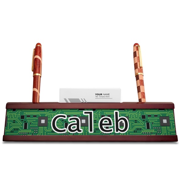 Circuit Board Red Mahogany Nameplates with Business Card Holder - Straight