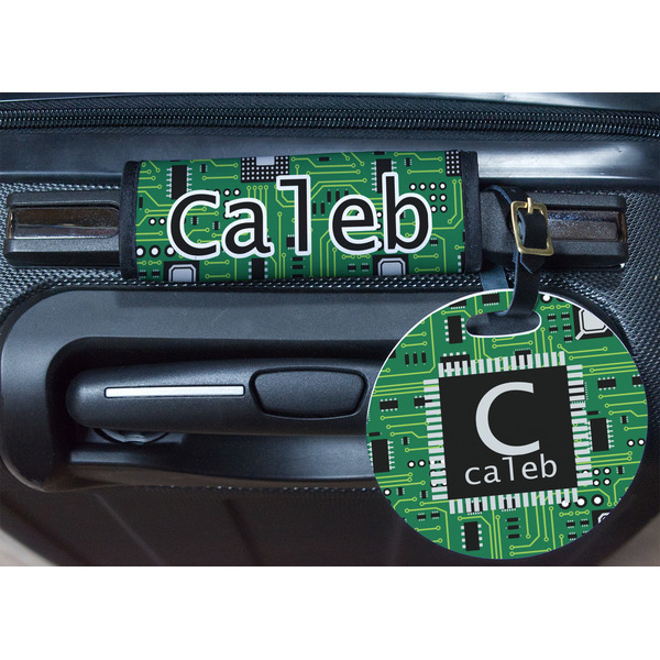 Circuit Board Round Luggage Tag & Handle Wrap - In Context