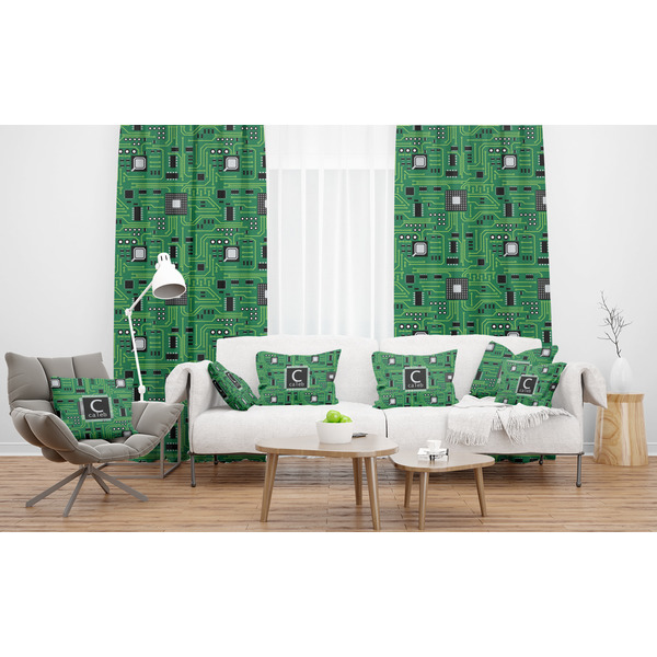 Circuit Board Sheer and Custom Curtains in Room with Matching Pillows