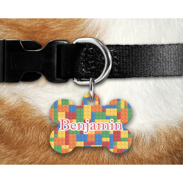 Building Blocks Bone Shaped Dog Tag on Collar & Dog