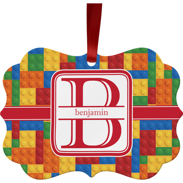 Custom Building Blocks Metal Frame Ornament - Double Sided w/ Name and Initial