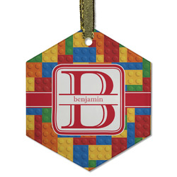 Building Blocks Flat Glass Ornament - Hexagon w/ Name and Initial