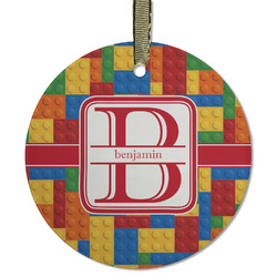 Building Blocks Flat Glass Ornament - Round w/ Name and Initial