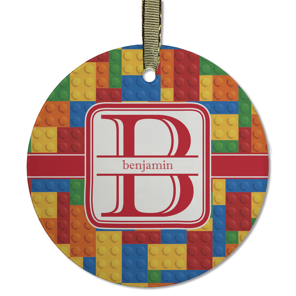 Custom Building Blocks Flat Glass Ornament - Round w/ Name and Initial