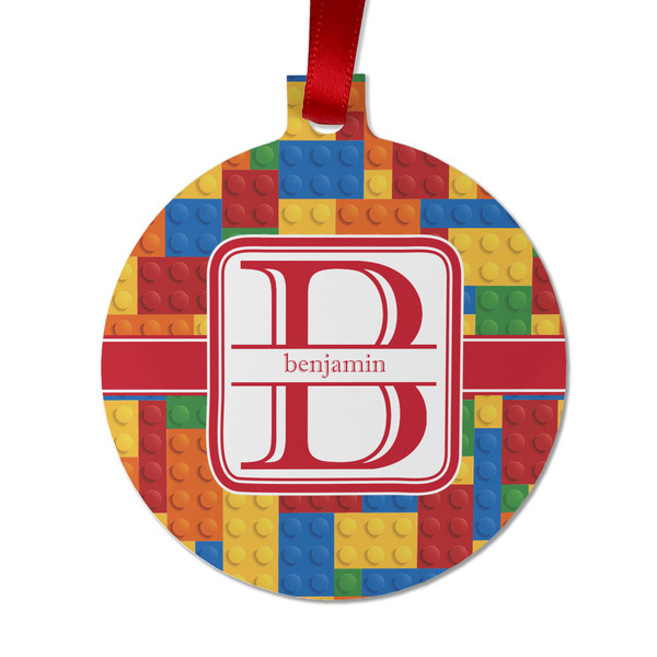 Custom Building Blocks Metal Ball Ornament - Double Sided w/ Name and Initial
