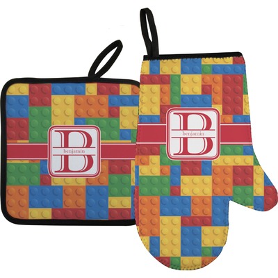 Building Blocks Oven Mitt & Pot Holder Set w/ Name and Initial