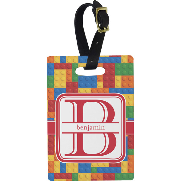 Custom Building Blocks Plastic Luggage Tag - Rectangular w/ Name and Initial