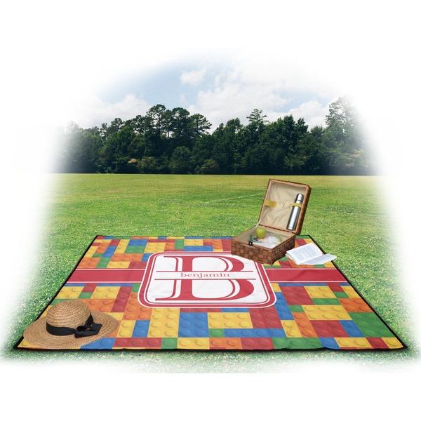 Building Blocks Picnic Blanket - with Basket Hat and Book - in Use