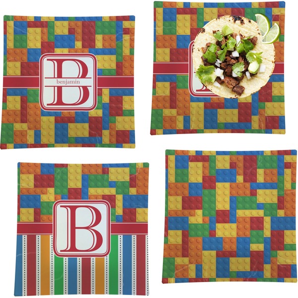 Custom Building Blocks Set of 4 Glass Square Lunch / Dinner Plate 9.5" (Personalized)