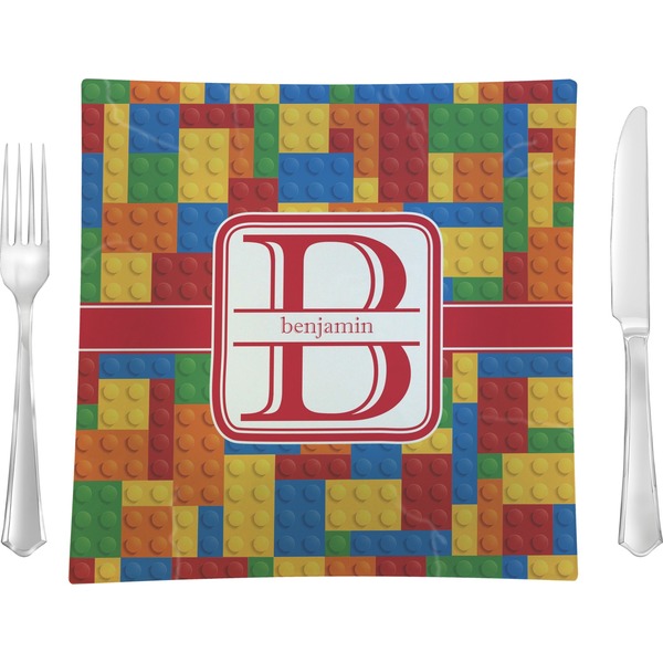 Custom Building Blocks 9.5" Glass Square Lunch / Dinner Plate- Single or Set of 4 (Personalized)