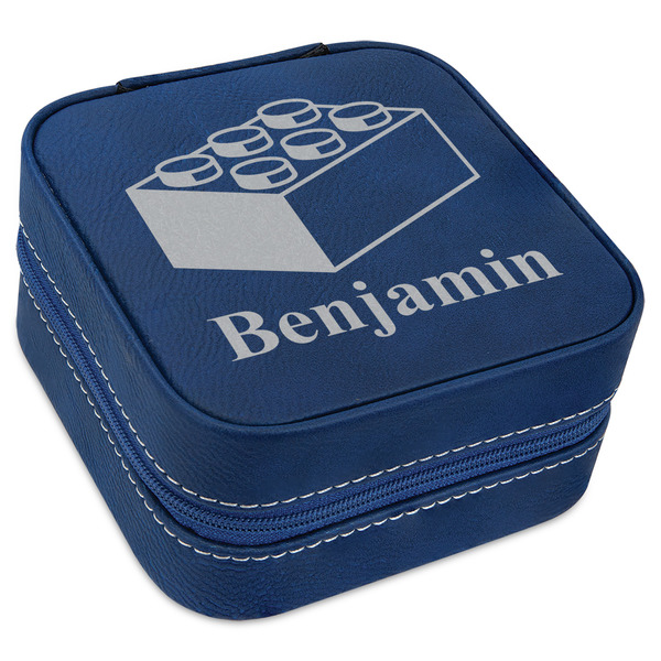 Custom Building Blocks Travel Jewelry Box - Navy Blue Leather (Personalized)