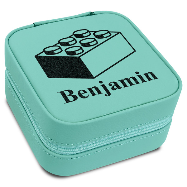 Custom Building Blocks Travel Jewelry Box - Teal Leather (Personalized)