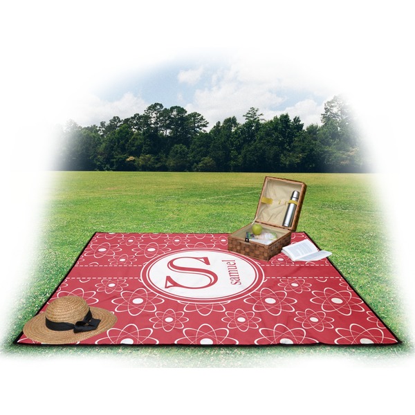 Atomic Orbit Picnic Blanket - with Basket Hat and Book - in Use