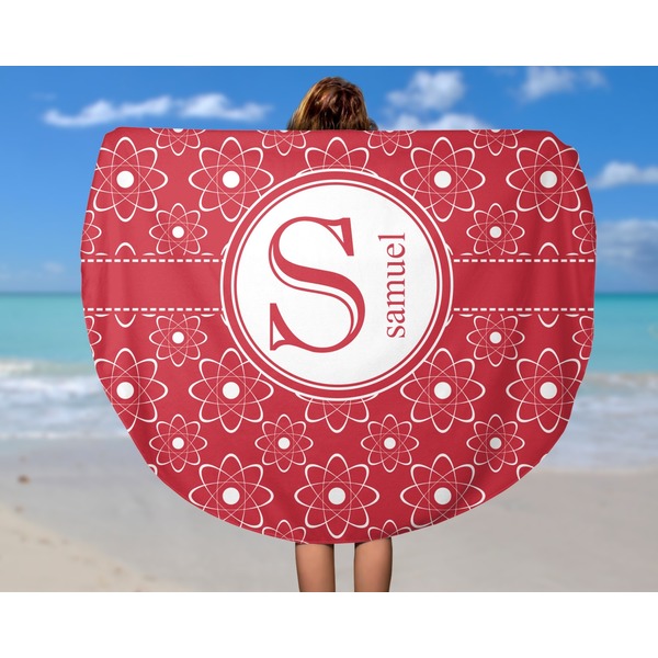 Atomic Orbit Round Beach Towel - In Use