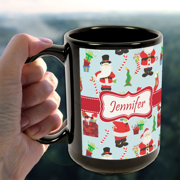 Santa and Presents 15oz. Black Mug - LIFESTYLE