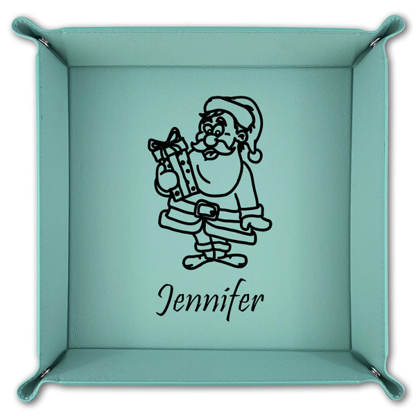 Santa and Presents 9" x 9" Teal Leatherette Snap Up Tray - FOLDED