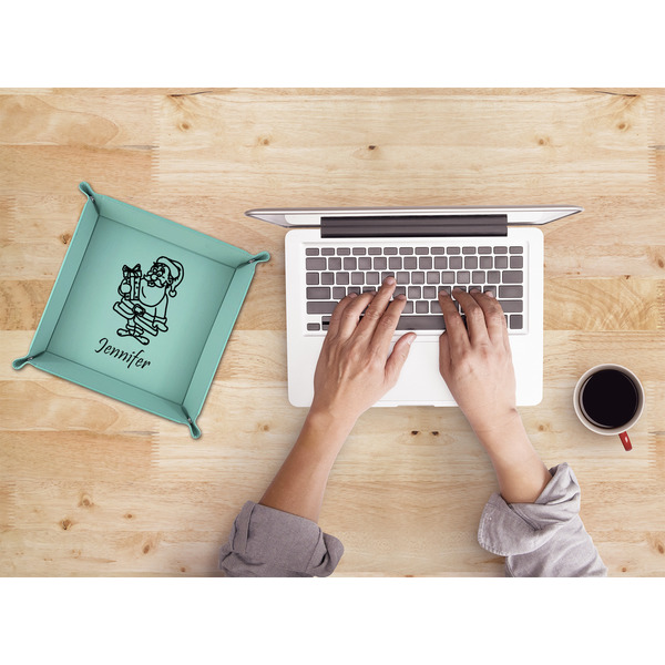 Santa and Presents 9" x 9" Teal Leatherette Snap Up Tray - LIFESTYLE