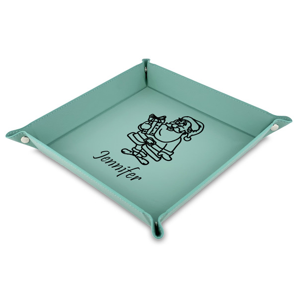 Custom Santa and Presents 9" x 9" Teal Faux Leather Valet Tray (Personalized)