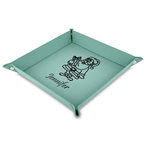 Custom Santa and Presents Faux Leather Dice Tray - 9" x 9"  - Teal (Personalized)