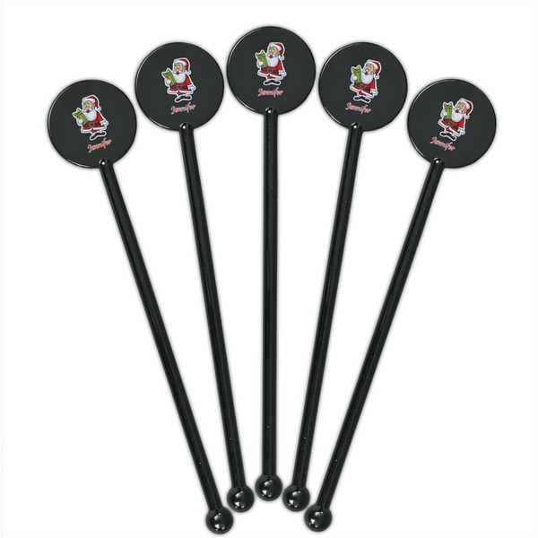 Santa and Presents Black Plastic 5.5" Stir Stick - Round - Fan View