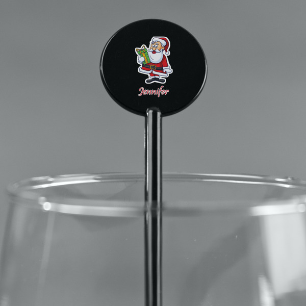 Santa and Presents Black Plastic 5.5" Stir Stick - Round - Main