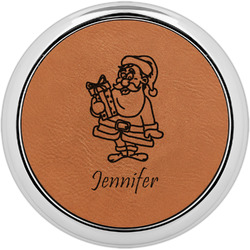 Santa and Presents Leatherette Round Coaster w/ Silver Edge (Personalized)