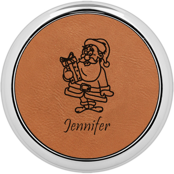 Custom Santa and Presents Set of 4 Leatherette Round Coasters w/ Silver Edge (Personalized)