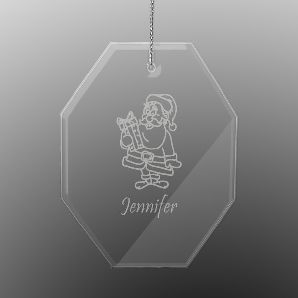 Custom Santa and Presents Engraved Glass Ornament - Octagon (Personalized)