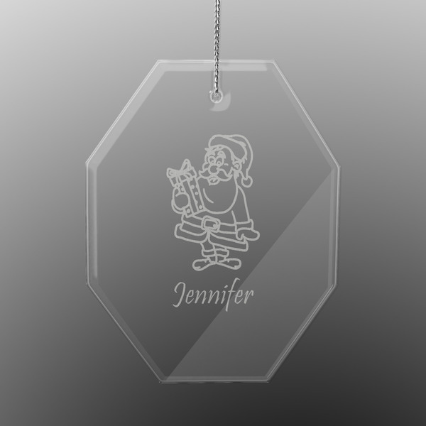 Santa and Presents Engraved Glass Ornaments - Octagon