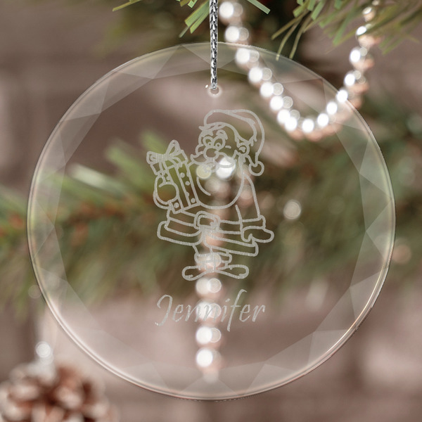 Custom Santa and Presents Engraved Glass Ornament (Personalized)