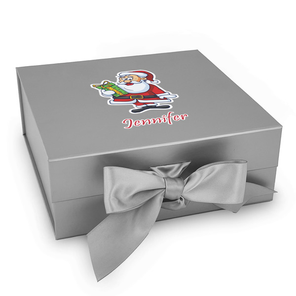 Custom Santa and Presents Gift Box with Magnetic Lid - Silver (Personalized)