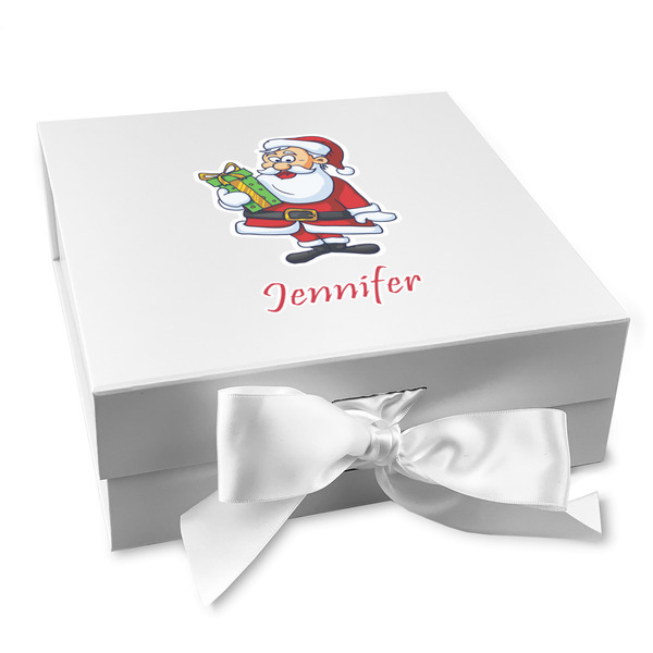 Custom Santa and Presents Gift Box with Magnetic Lid - White (Personalized)