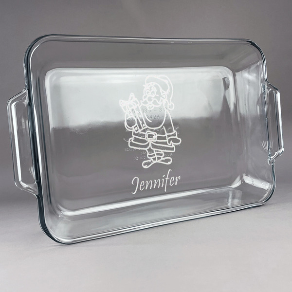Custom Santa and Presents Glass Baking Dish with Truefit Lid - 13in x 9in (Personalized)