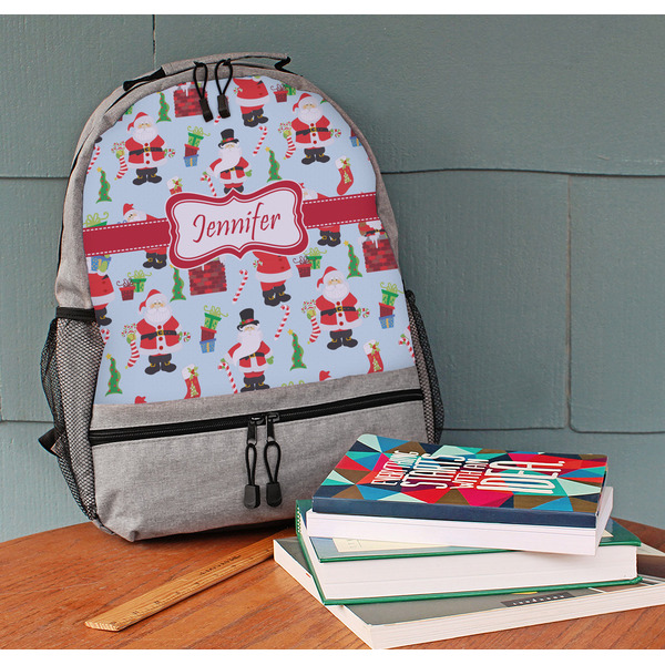 Santa and Presents Large Backpack - Gray - On Desk