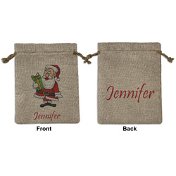 Santa and Presents Medium Burlap Gift Bag - Front & Back (Personalized)
