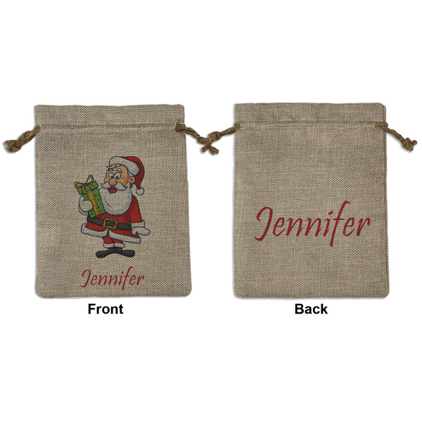 Custom Santa and Presents Medium Burlap Gift Bag - Front & Back (Personalized)