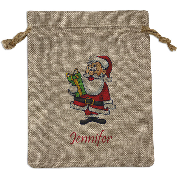 Custom Santa and Presents Medium Burlap Gift Bag - Front (Personalized)